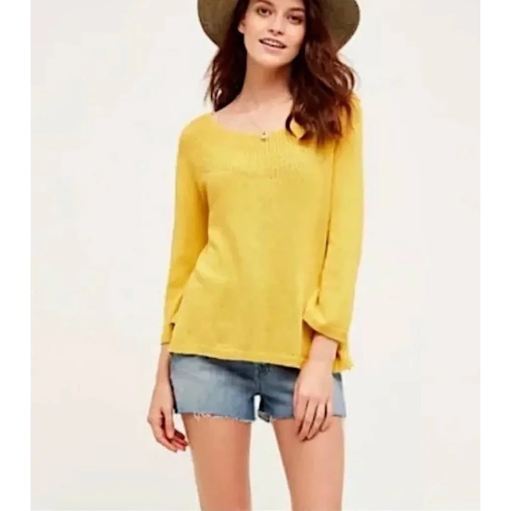 Anthropologie Moth Mila Linen Pullover Sweater Blouse Top Yellow Gold mustard S